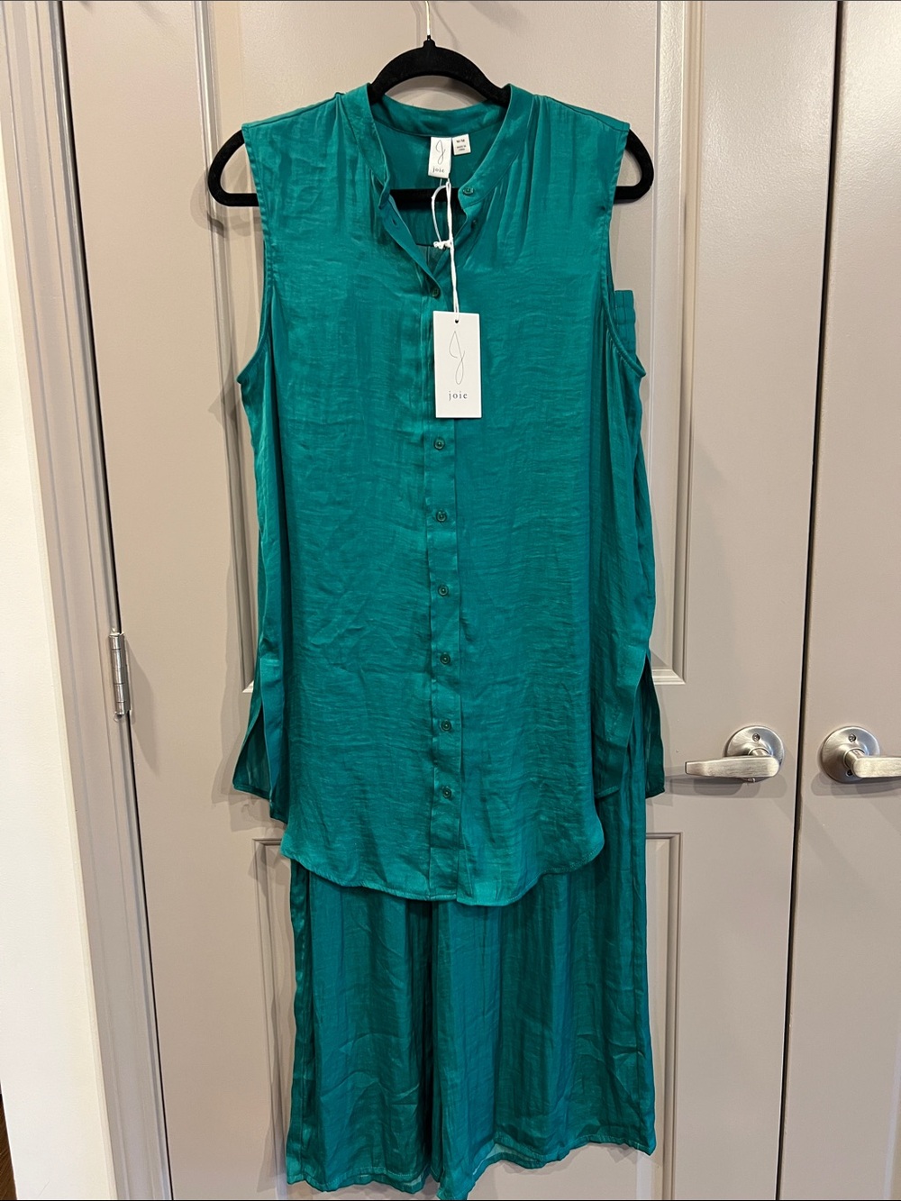 NWT Joie Teal Sleeveless Satin Button-Front Tunic and wide leg pant set M